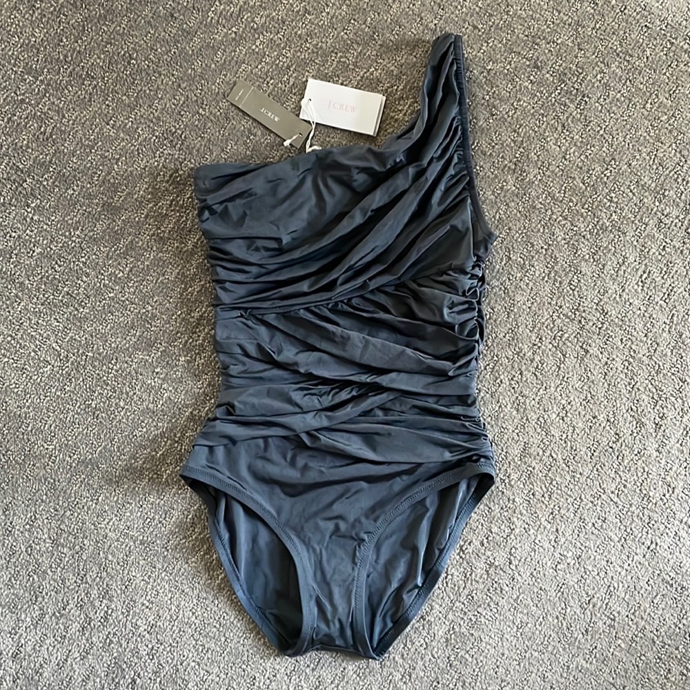 NWT J.Crew Jersey Lomellina Ruched One-Shoulder One-Piece Swimsuit Size 0 Silver